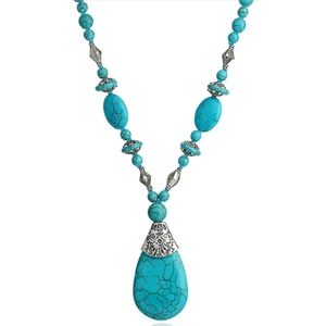 Long necklace with turquoise pendant.